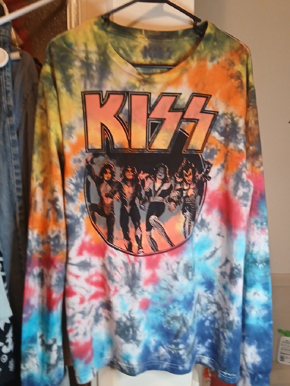 Kiss Long Sleeve Tie-Dye Tee in Orange, Blue, Yellow, Mens Sz.L.